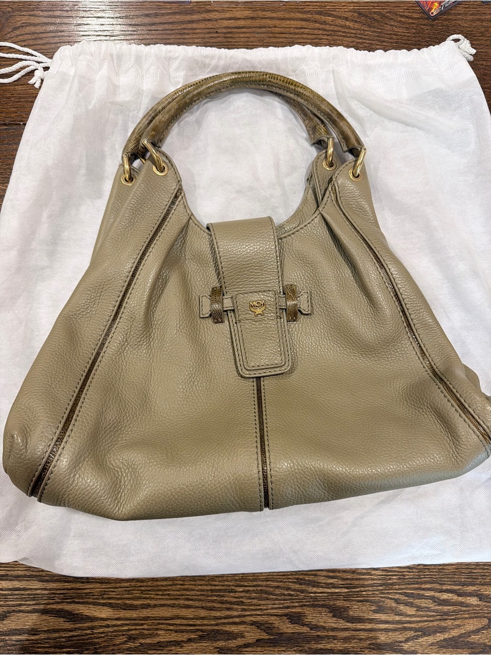 RARE MCM Olive Leather Shoulder Bag with Gold Hardware and Lizard Details